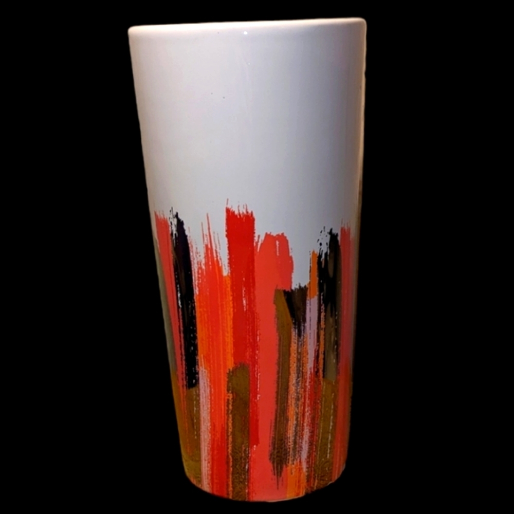 Burton & Burton Ceramic White Red Gold Orange Salmon Pink Tall Brush Stroke Vase